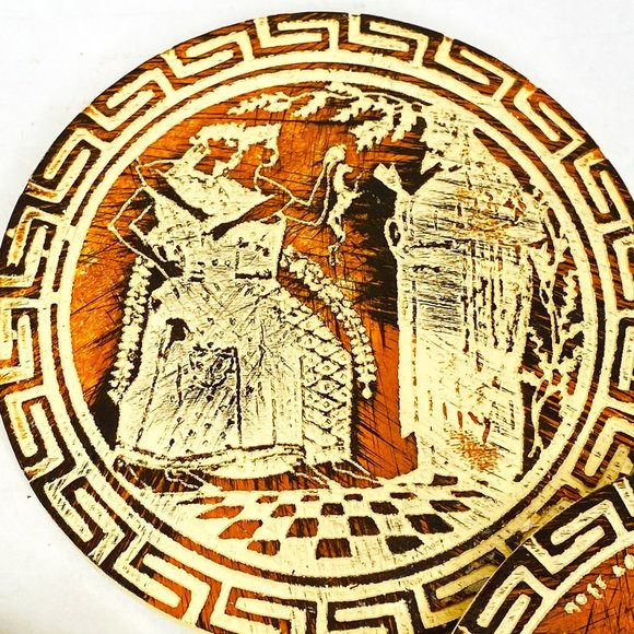 Set of 4 Vintage Carved Wood Greek Themed Coasters Cork Back - Picture 3 of 6